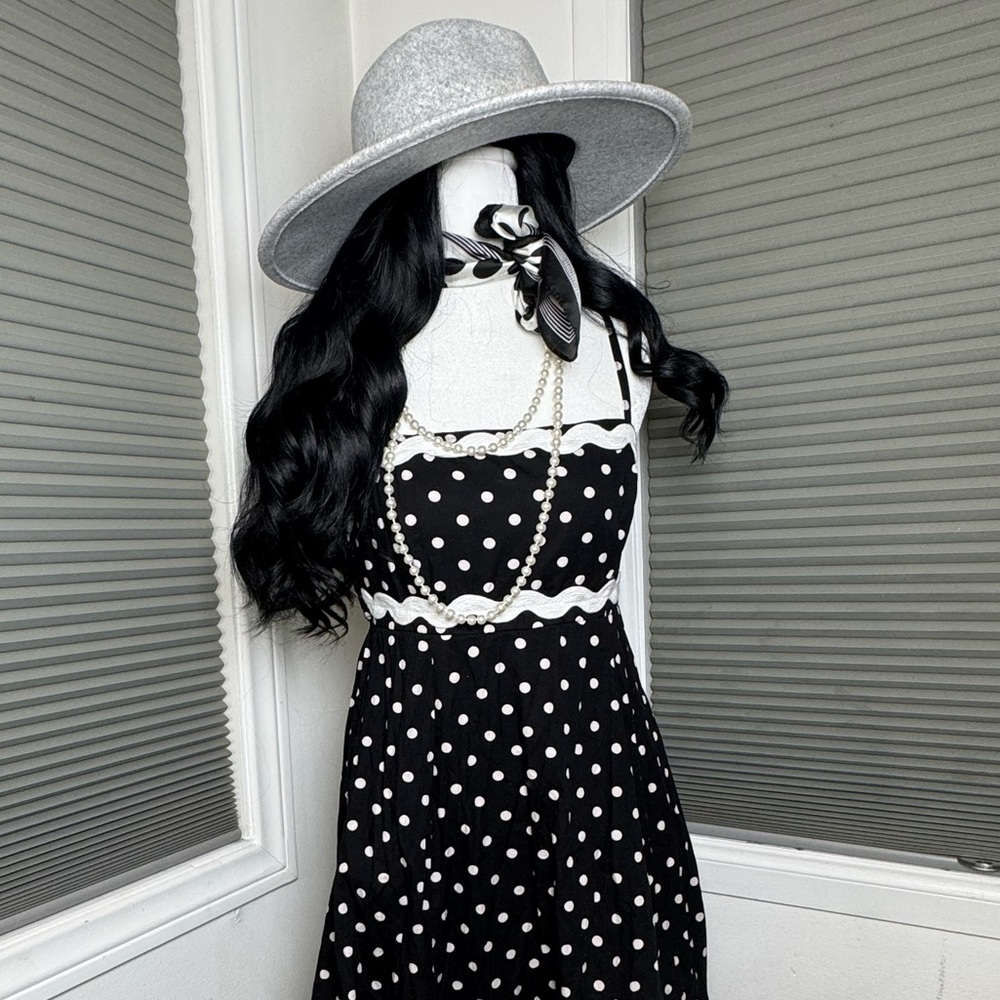 Studio Sam M Black White Polka Dot Smocked Maxi Dress Lace Trim Retro